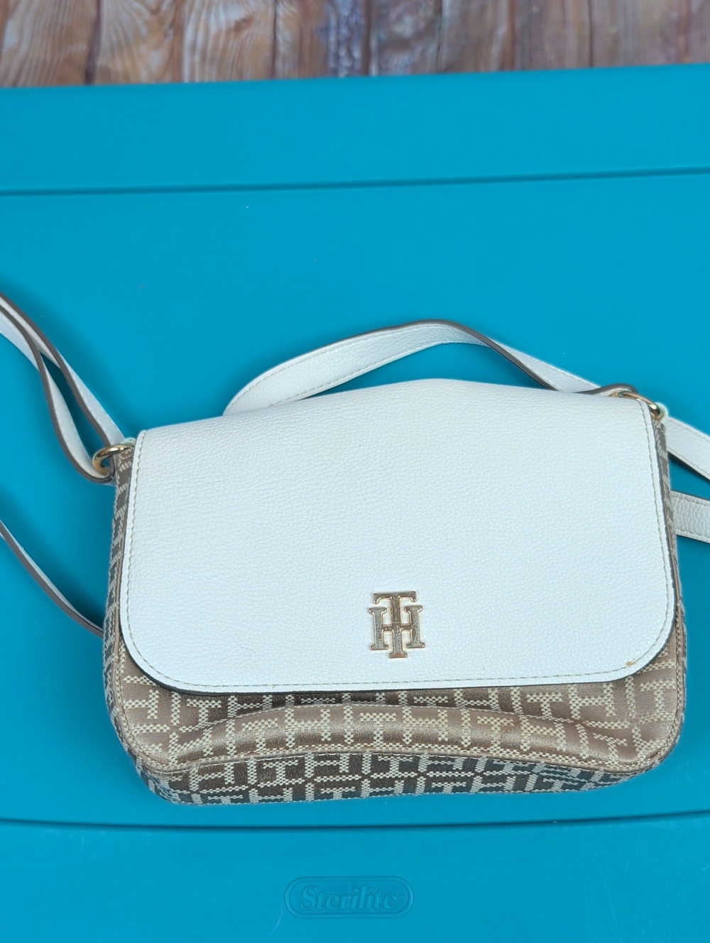 Tommy Hilfiger White & Brown Signature Crossbody Bag